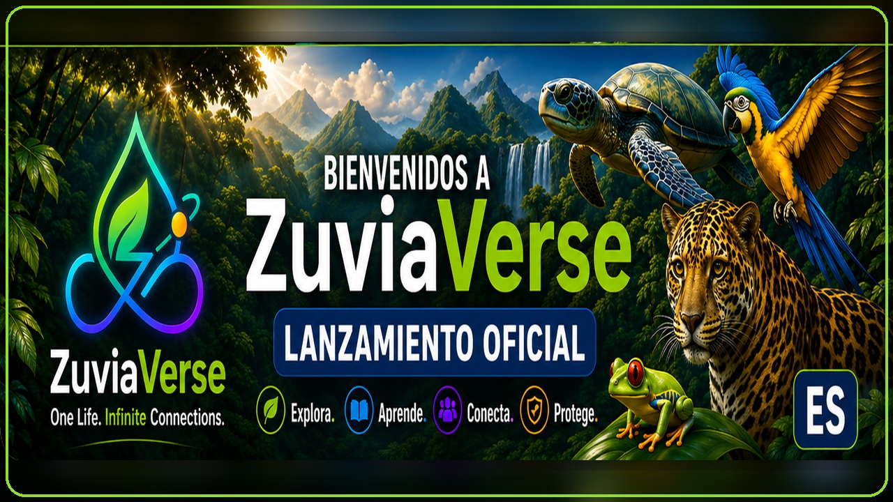 Miniatura del lanzamiento oficial de ZuviaVerse con una tortuga marina, un guacamayo, un jaguar y una rana de ojos rojos en un paisaje de selva tropical