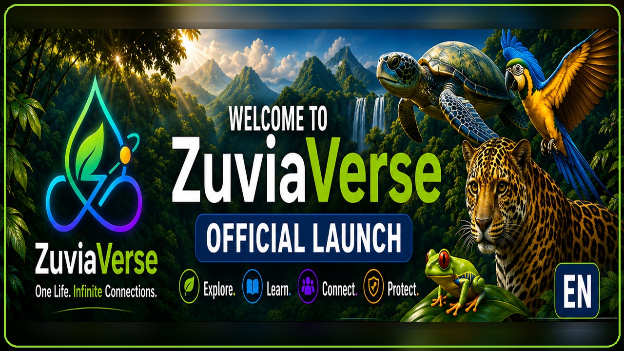 ZuviaVerse official launch thumbnail featuring a sea turtle, macaw, jaguar, and red-eyed tree frog in a rainforest landscape